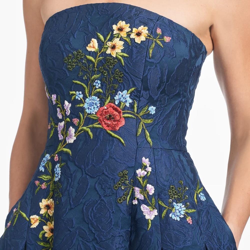 Sachin + Babi Navy Strapless Gown with Colorful Embroidery - Picture 2 of 12
